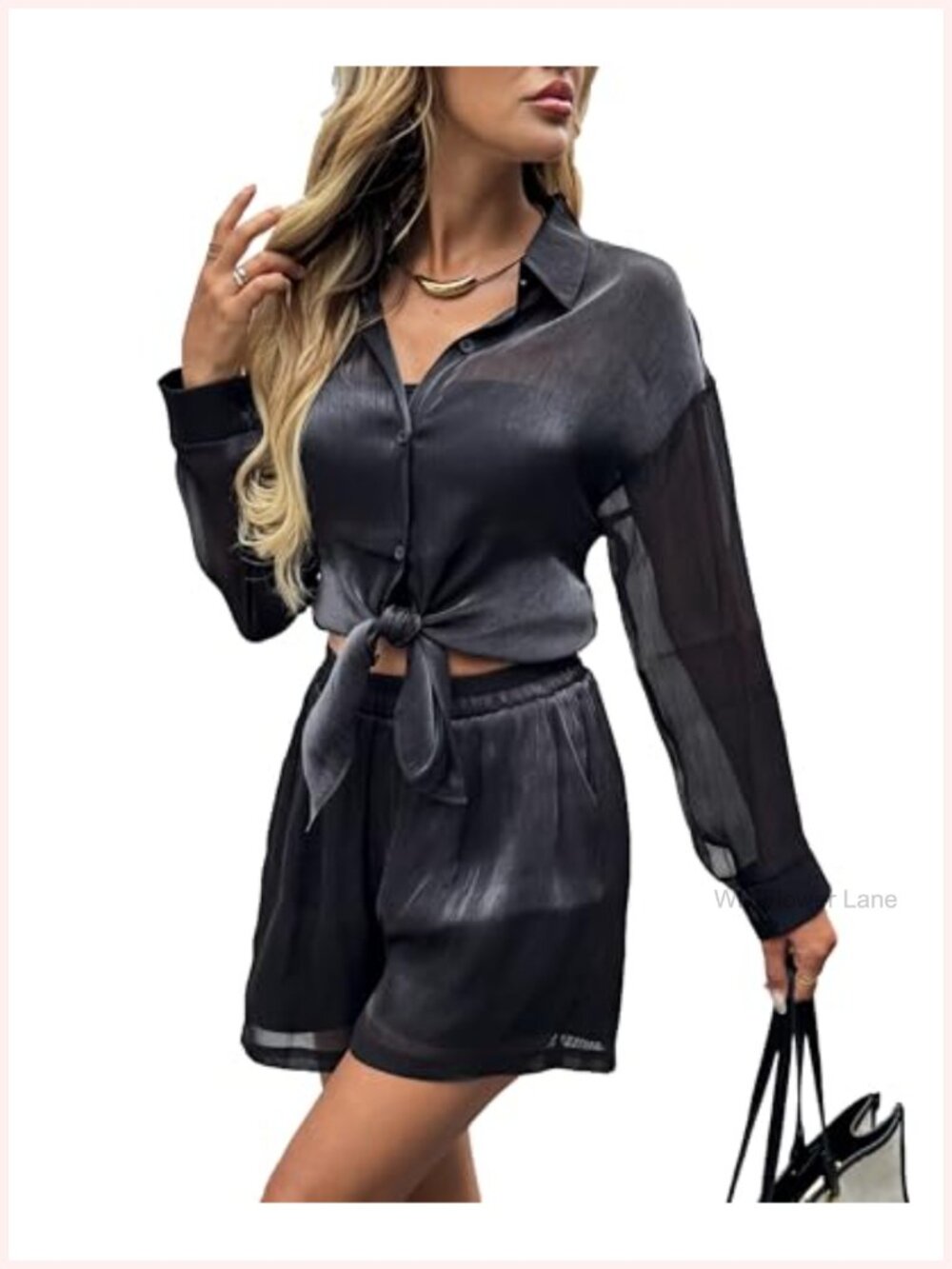 Women's 2 Piece Set Glossy Chiffon Button-Down Shirt & Shorts Cover Up